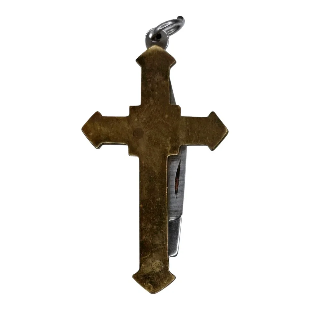 Vintage Pocket Knife Brass OS Gold Cross Pendant Folding Blade Pakistan